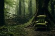 Green chair in the forest. Beautiful illustration picture. Generative AI