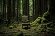 Green chair in the forest. Beautiful illustration picture. Generative AI