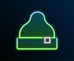 Canvas Print - Glowing neon line Beanie hat icon isolated on black background. Colorful outline concept. Vector