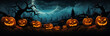 Halloween Jack O' Lantern pumpkins with a spooky haunted background on a scary halloween night
