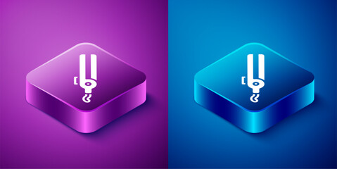 Wall Mural - Isometric Curling iron for hair icon isolated on blue and purple background. Hair straightener icon. Square button. Vector