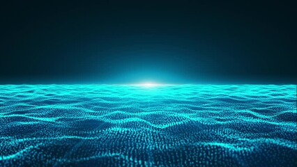 Blue abstract digital particle waves with sunset background. .Hi technology landscape movement screensaver. 4K(3840x2160), 60fps, seamless animation.