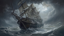 Sailing Ship In Stormy Sea. Illustration.