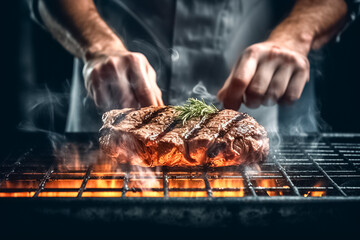 Wall Mural - A man cooks a meat steak on charcoal grill. Barbecue party. Steaks cooking over flaming grill. 
