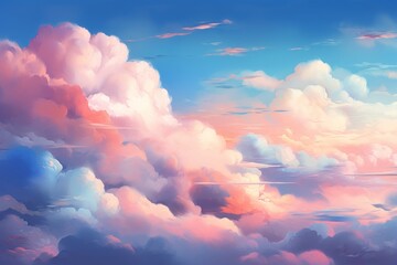 Wall Mural - Painting clouds in the sky with a pink and blue gradient background. Generative AI