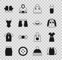 Set Sweater, Woman dress, Shirt, Handbag, Men underpants, Swimsuit, Christmas mittens and Elegant women hat icon. Vector