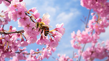 Blooming Pink Cercis Tree And Bee Against A Blue Sky