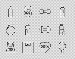 Canvas Print - Set line Weight, Racket and ball, Dumbbell, Bathroom scales, Punching bag, Fitness shaker, gym heart and icon. Vector