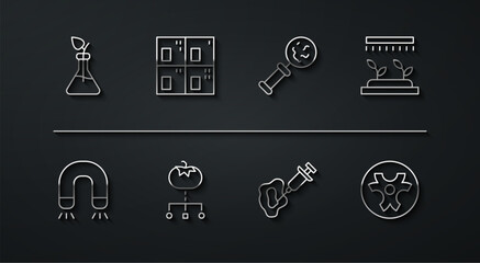Sticker - Set line Plant breeding, Magnet, Automatic irrigation sprinklers, Syringe, Genetically modified food, Periodic table, Biohazard symbol and Microorganisms under magnifier icon. Vector