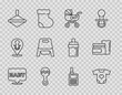 Set line Baby, clothes, stroller, Rattle baby toy, Whirligig, potty, Monitor Walkie Talkie and food icon. Vector