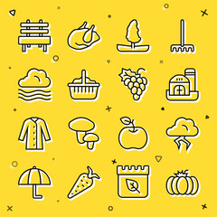 Sticker - Set line Pumpkin, Storm, Farm house, Tree, Basket, Windy weather, Bench and Grape fruit icon. Vector