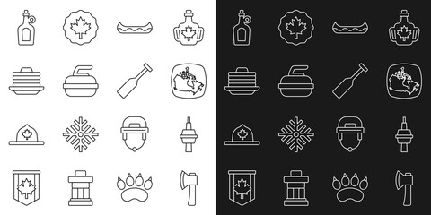 Sticker - Set line Wooden axe, TV CN Tower in Toronto, Canada map, Kayak, Stone for curling, Stack of pancakes, Bottle maple syrup and Paddle icon. Vector