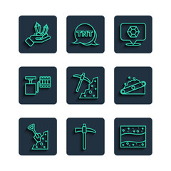 Sticker - Set line Shovel and stone, Pickaxe, Gold mine, Gem, Handle detonator, and Conveyor belt carrying coal icon. Vector