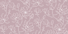 Elegant Floral Seamless Pattern - Branches With Magnolia Flowers. Repeat Print With Delicate Petals. Simple Line Minimalism.