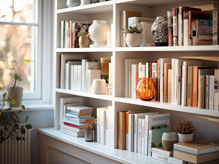 White wooden bookcase filled with books in a UK home setting, blurred image. Generative AI.