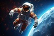 Astronaut spaceman do spacewalk while working for space station. Mixed media, 3d render spaceman astronaut flying with rocket 3d illustration design, AI Generated