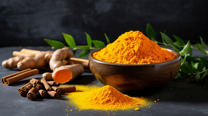 Wall Mural - Dried turmeric powder with leaves on dark background. Curcuma powder in a wooden bowl with turmeric roots, cinnamon and green leaves. Popular Indian curry spice also used in medicine or as natural dye