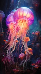 Wall Mural - Radioactive jellyfishes in the sea, art