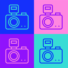 Sticker - Pop art line Photo camera with lighting flash icon isolated on color background. Foto camera. Digital photography. Vector