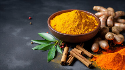 Wall Mural - Dried turmeric powder with leaves on dark background. Curcuma powder in a wooden bowl with turmeric roots, cinnamon and green leaves. Popular Indian curry spice also used in medicine or as natural dye