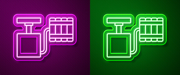 Poster - Glowing neon line Handle detonator for dynamite icon isolated on purple and green background. Vector