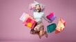 young woman wearing colorful cloth in modern style holding colorful shopping bags jumping with big smile and funny, Generative AI