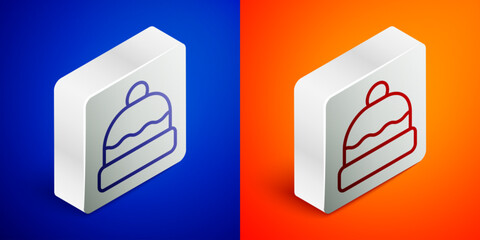 Poster - Isometric line Beanie hat icon isolated on blue and orange background. Silver square button. Vector