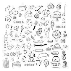 Food doodle hand drawn sketch symbols and objects. Set of kitchen and cooking elements. Vector illustration. Can be used for wallpaper, pattern fills, textile, web page background, surface textures.