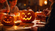 © ZoomTeam - family parent with little kids preparing for holiday Halloween, ai generative