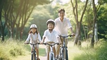 Happy Family Ride Bicycle In Park, Hobby And Relax, Generative Ai