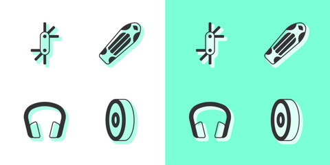 Sticker - Set Skateboard ball bearing, Tool allen keys, Headphones and deck icon. Vector