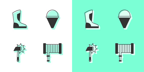 Sticker - Set Fire hose reel, boots, Firefighter axe and cone bucket icon. Vector