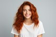 © Sara_P - happy, stylish young woman with wavy red hair and freckles. Perfect for fashion and lifestyle enthusiasts. Generative AI