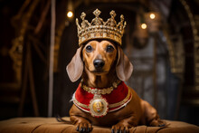 Dachshund Dog Dressed As A King With Crown , Pet Treated Like Royalty