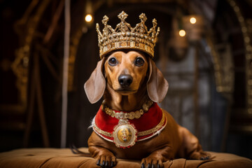 Dachshund dog dressed as a king with crown , pet treated like royalty