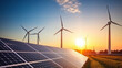 © Keitma - Windmill wind turbine and solar cell panel on blue sky at sunset , renewable electricity energy concept