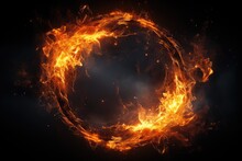 Big Circle With Flames Burning. A Huge Fire Exploded. Sparks On A Dark Background