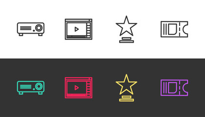 Sticker - Set line Movie, film, media projector, Online play video, trophy and Cinema ticket on black and white. Vector