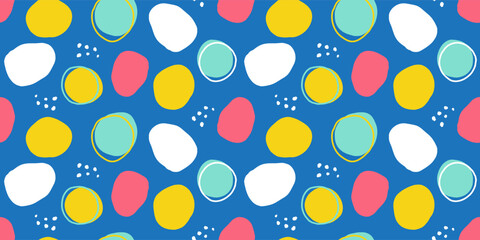 Fototapete - Color seamless pattern with cute hand drawn round shapes. Blue background. Vector illustration.