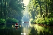 People Ride Canoe On The River In The Forest