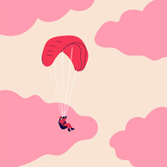 Skydiver flying with parachute. Tiny cute little character. Hand drawn colorful illustration. Isolated design element. Paragliding, skydiving, parachute jump, extreme sport, activities concept