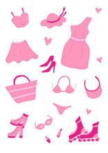 Trendy Glamorous Pink Elements For A Girl. Dress, Skirt, Swimsuit, Shoes, Beach Bag. Nostalgic Barbiecore 2000s Style Collection