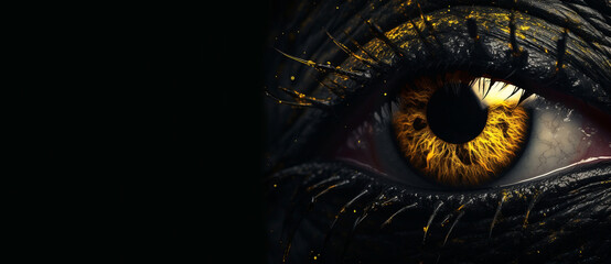 Yellow zombie eye with black eyelashes on a dark background, close-up