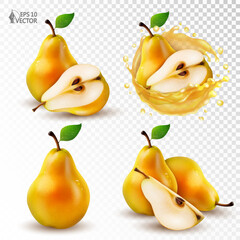 vector set of ripe pears isolated on white background. realistic transparent splash of fresh juice w