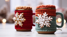 Two Knitte Coffee Cup On The Table, Christmas Decoraions, Holiday Season Generative AI