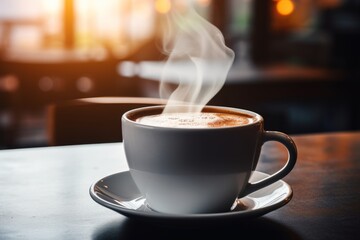 close up mug with aromatic coffee white cup of hot aroma cappuccino espresso latte steam smoke on ta