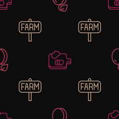 set line plum fruit, location farm and cutting board with vegetables on seamless pattern. vector