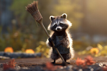 Wall Mural - Funny Raccoon Cleaning the Garden with a Broom - AI generated