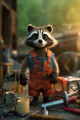 Wall Mural - Funny Raccoon Construction Worker on a Building Site - AI generated