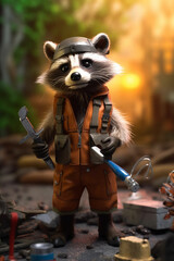 Wall Mural - Funny Raccoon Construction Worker on a Building Site - AI generated